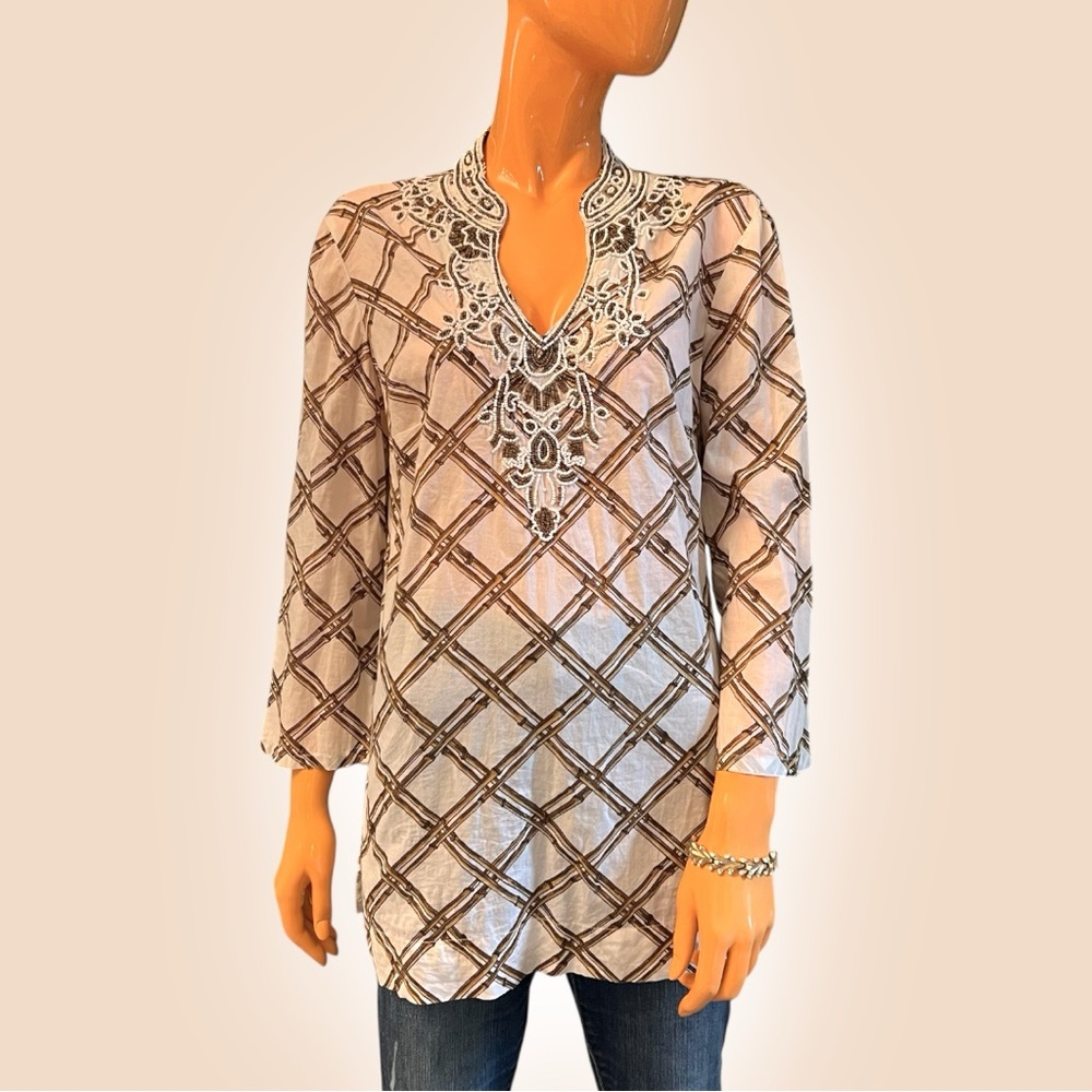 CHARTER CLUB Beaded Neckline Trellis Print Cotton Tunic Top